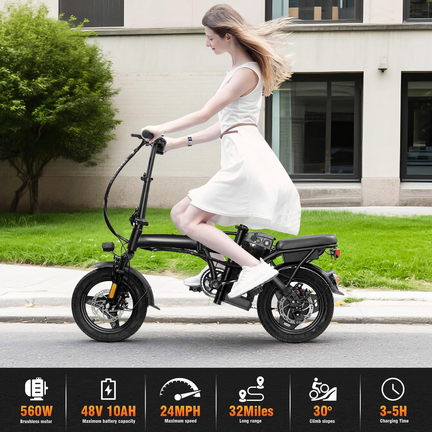 Furider Foldable Electric Bike for Adults & Teens, 560W Brushless Motor 24MPH Ebikes, 32 Mile Range 48V 10Ah Battery, 3-Level Pedal Assist, 14" Tires Mini Folding Electric Bicycle, UL 2849 Certified