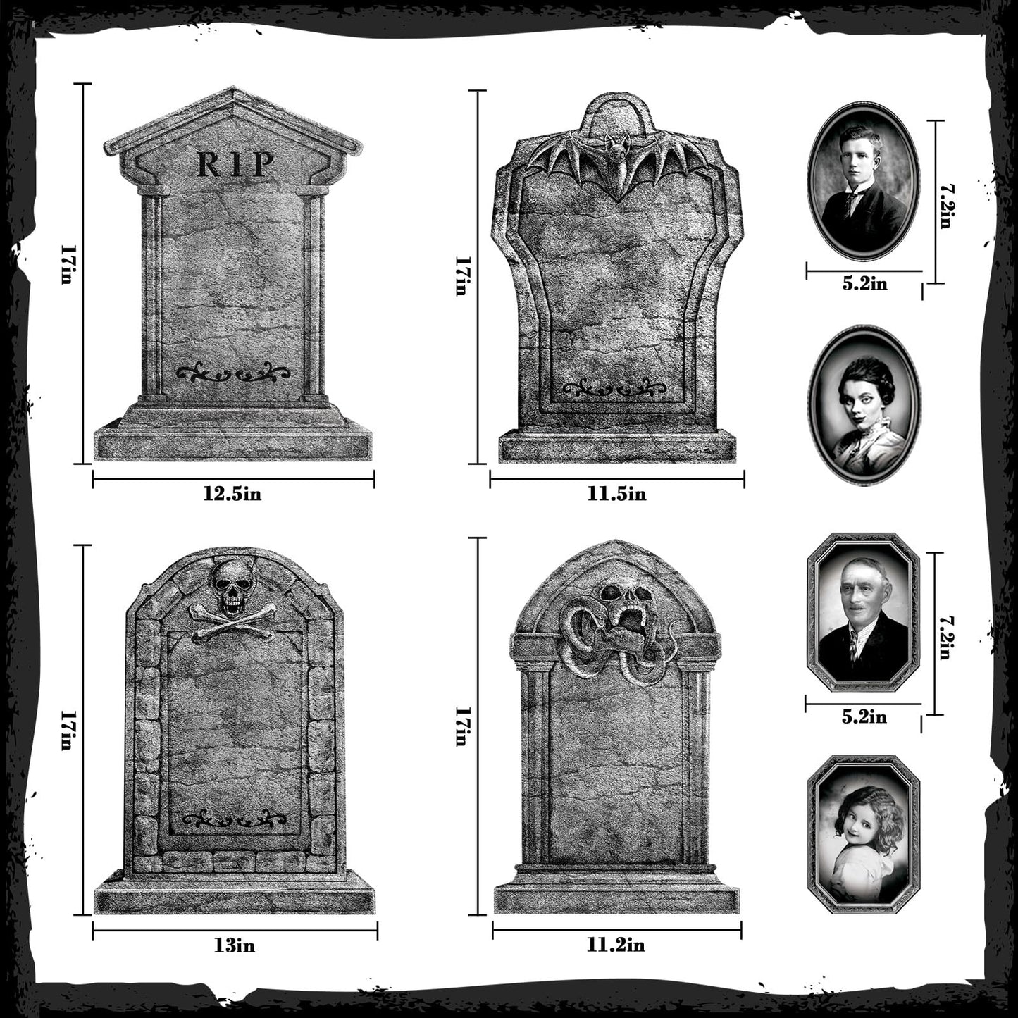 Graveyard Tombstones Halloween Decorations Outdoor: 4pcs Large Gravestones Yard Signs with Scary 3D Changing Face Photo, 17" Realistic RIP Skeleton Tombstones, Waterproof Cemetery Graves Decor Outside