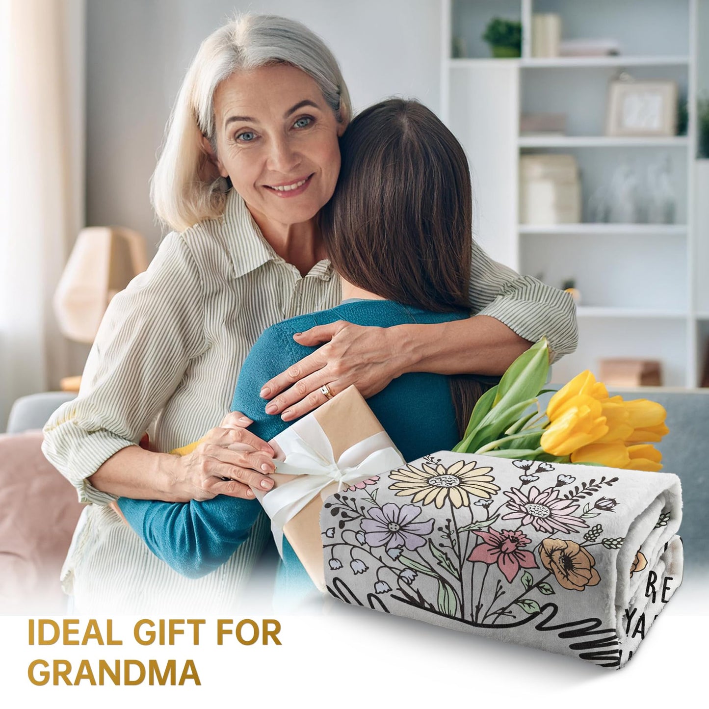 Afterprints Gifts for Grandma Blanket, Grandma Birthday Gifts from Grandkids, Best Grandmother Gift on Grandparents Day, Christmas, Hug Floral Throw Blankets 50'' x 60''