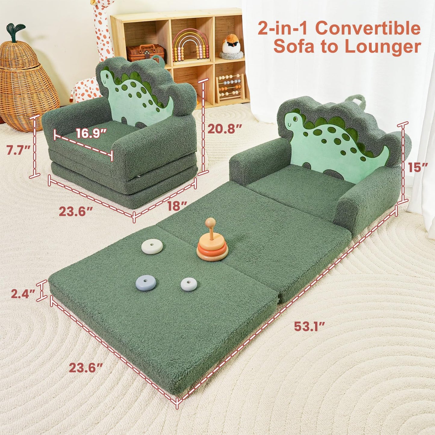 TinyPalsa Kids Couch, Convertible Sofa to Lounger Fold Out, Green Dinosaur Design Chair for Toddlers 1-3, Gift for Movie Night, Camping, and Napping