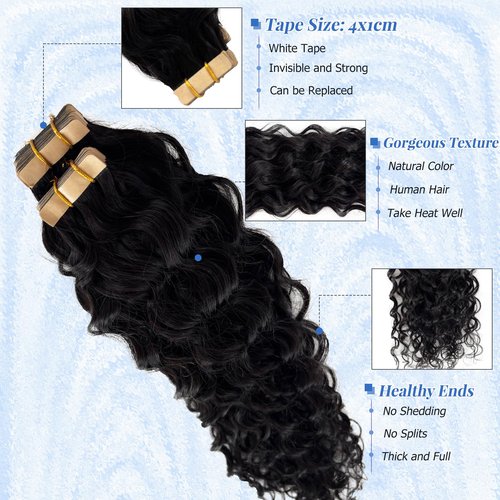 Water Wave Hair Extensions Tape in Weft Hair Extensions Real Human Hair 100G 40 Pieces Remy Curly Tape in Hair Extension Human Hair #1B Black Water Wave Tape ins 20 Inch 2 Sets for Full Head