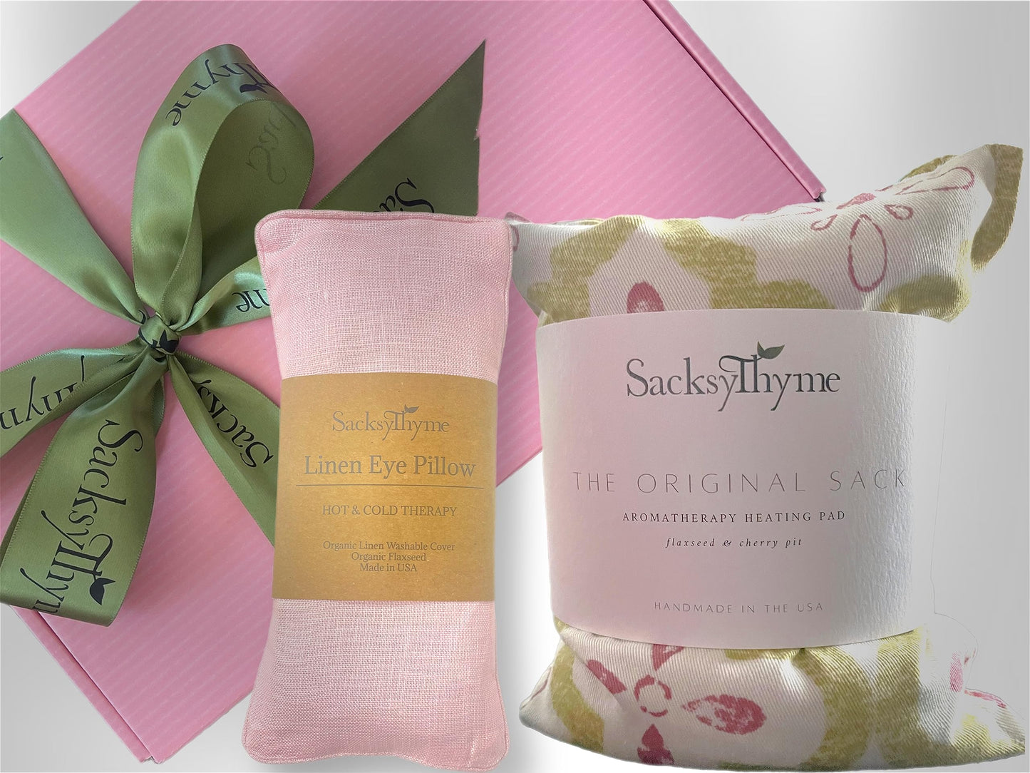 Sacksy Thyme Birthday Gift Set - 2 Piece- Lavender Heating Pad & Linen Eye Pillow - Luxury Happy Birthday Gift Set for Women, Unique Women's Gift Basket, Card for Personalized Message, Heating Pad