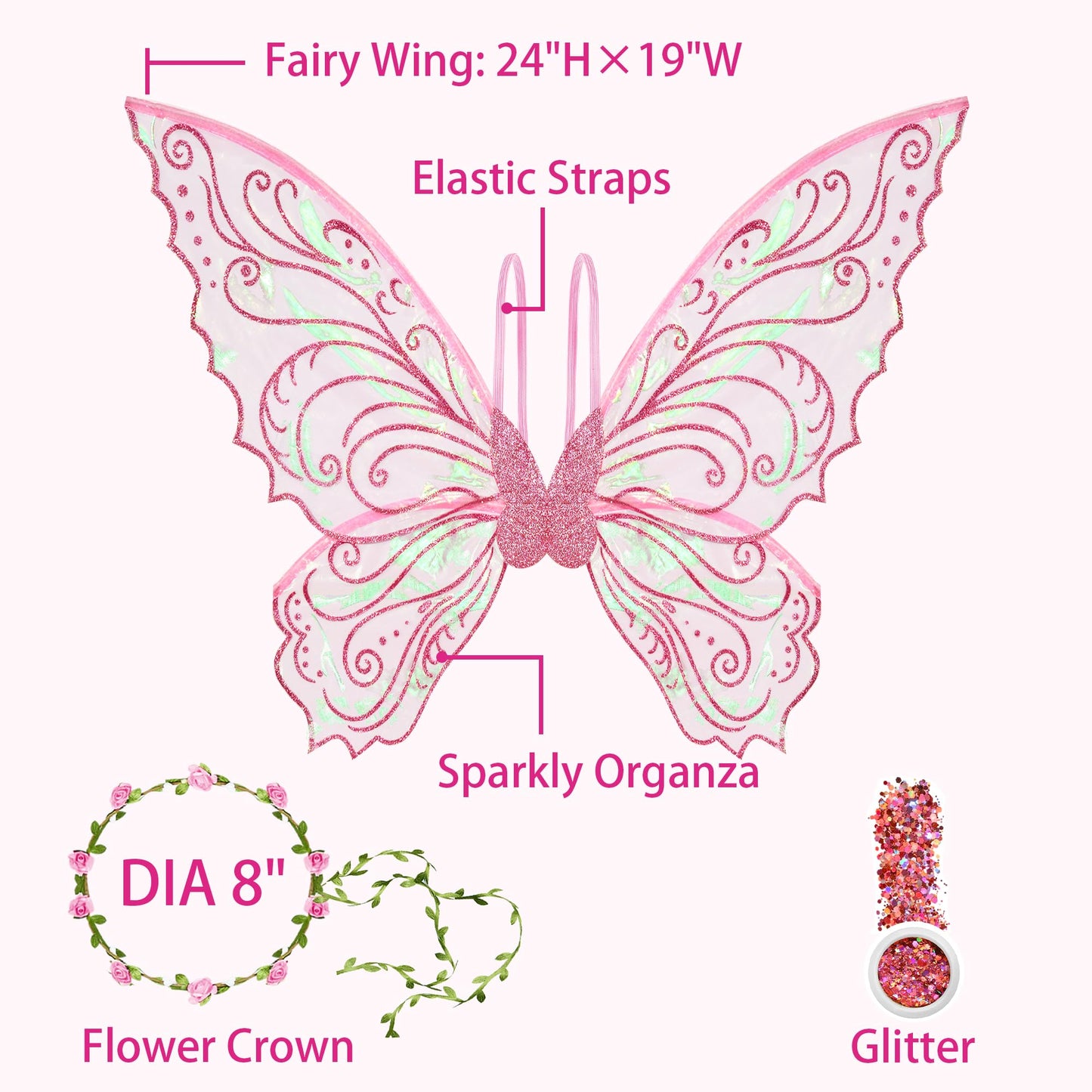 U-Goforst Fairy Costume Wings for Adults, Butterfly Wings for Girls Women, Halloween Costume Cosplay Dress Up, Sparkly Wings with Flower Crown and Glitter (Pink)