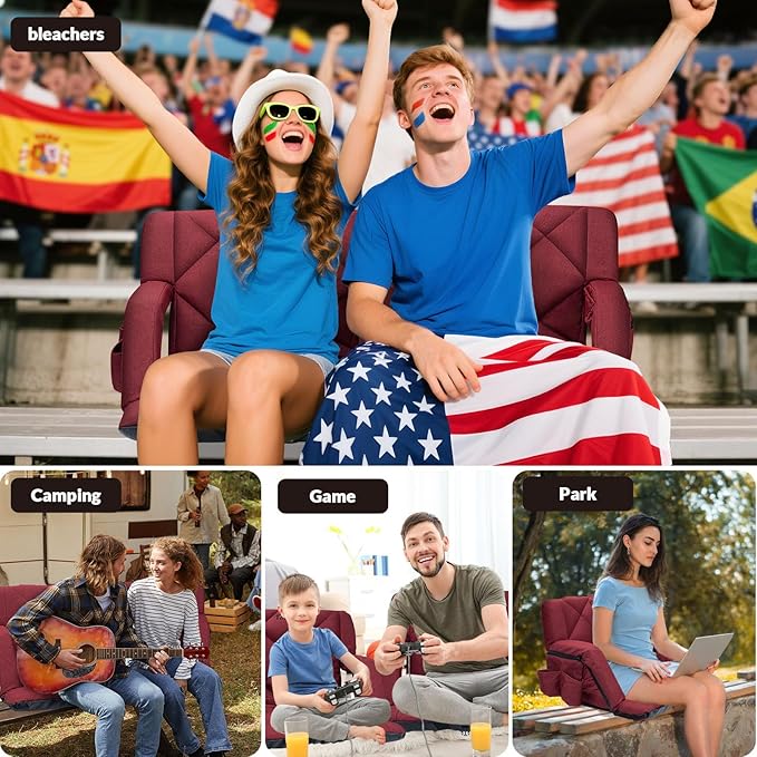 25inch Extra Wide Stadium Seat, Thick Bleacher Chair with Back Support and Cushion, 6 Reclining Positions Bleacher Seat with Armrest, Upgrade Sofa Style Stadium Chair for Sport Events and Outdoors