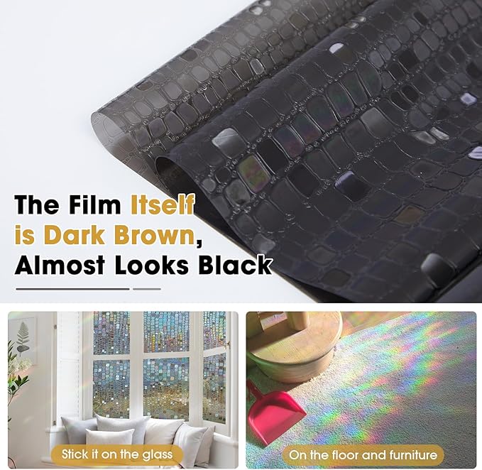 Windimiley Rainbow Window Privacy Film, 3D Stained Glass Christmas Decorative Window Clings, UV Heat Blocking Holographic Prism Stickers for Home(11.8 x 78.7In,Brown)