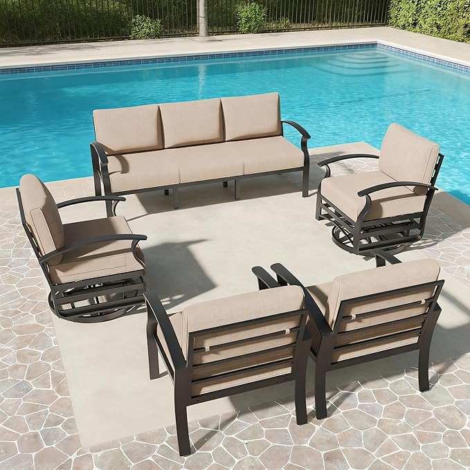RTDTD Aluminum Outdoor Patio Furniture Set,5 Pieces 7 Seats Patio Conversation Sets with 2 Swivel Rocking Chairs,Metal Patio Sectional Furniture Set with 5.1" Thickened Cushions,Sand