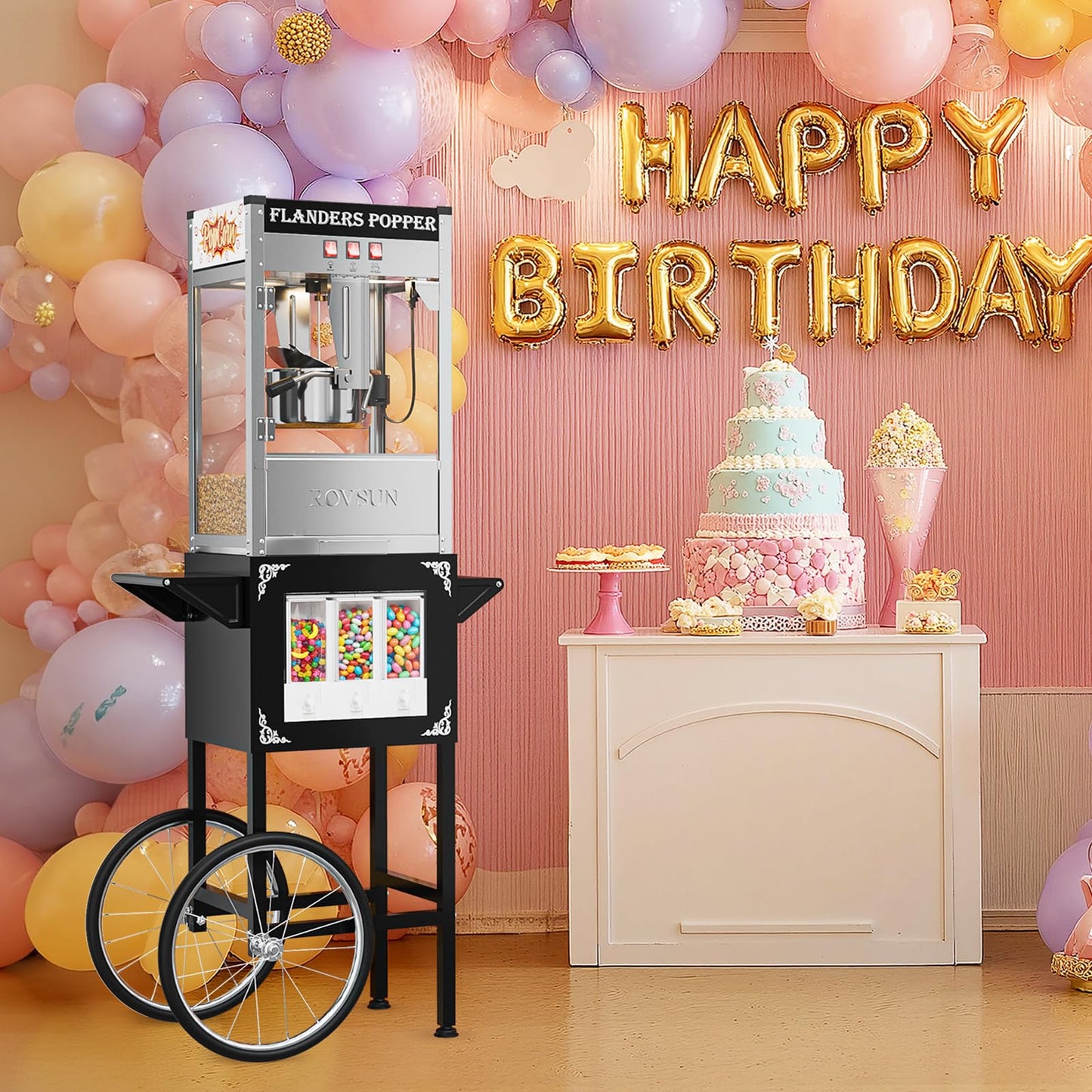 ROVSUN Popcorn Machine Cart with Candy Dispenser, 10 Oz Kettle Makes Up to 4 Gallons ETL, Popcorn Maker w/Scoop, Oil Spoon, Bags & Cups, Movie Theater Style Popper for Commercial Home Party, Black