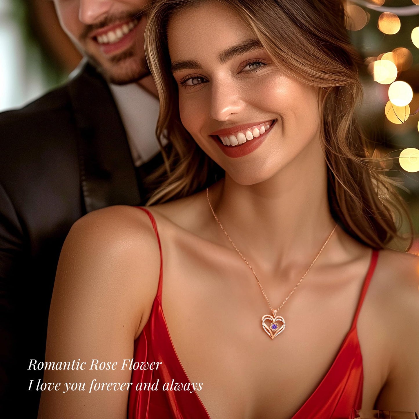 CDE Rose Flower Love Heart Birthstone Necklaces for Women 925 Sterling Silver Rose Gold Jewelry for Wife Girlfriend Mom Daughter Lady Her for Anniversary Birthday Christmas Gift (Rose Gold-02-Feb.)