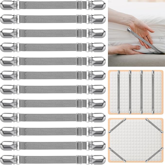 Boao 12 Pcs Bed Sheet Clips Straps Sheet Corner Straps Holder Adjustable Mattress Clips, Elastic Bed Grippers Suspender Fasteners Holder for Home (Grey,4-8 Inch Length)