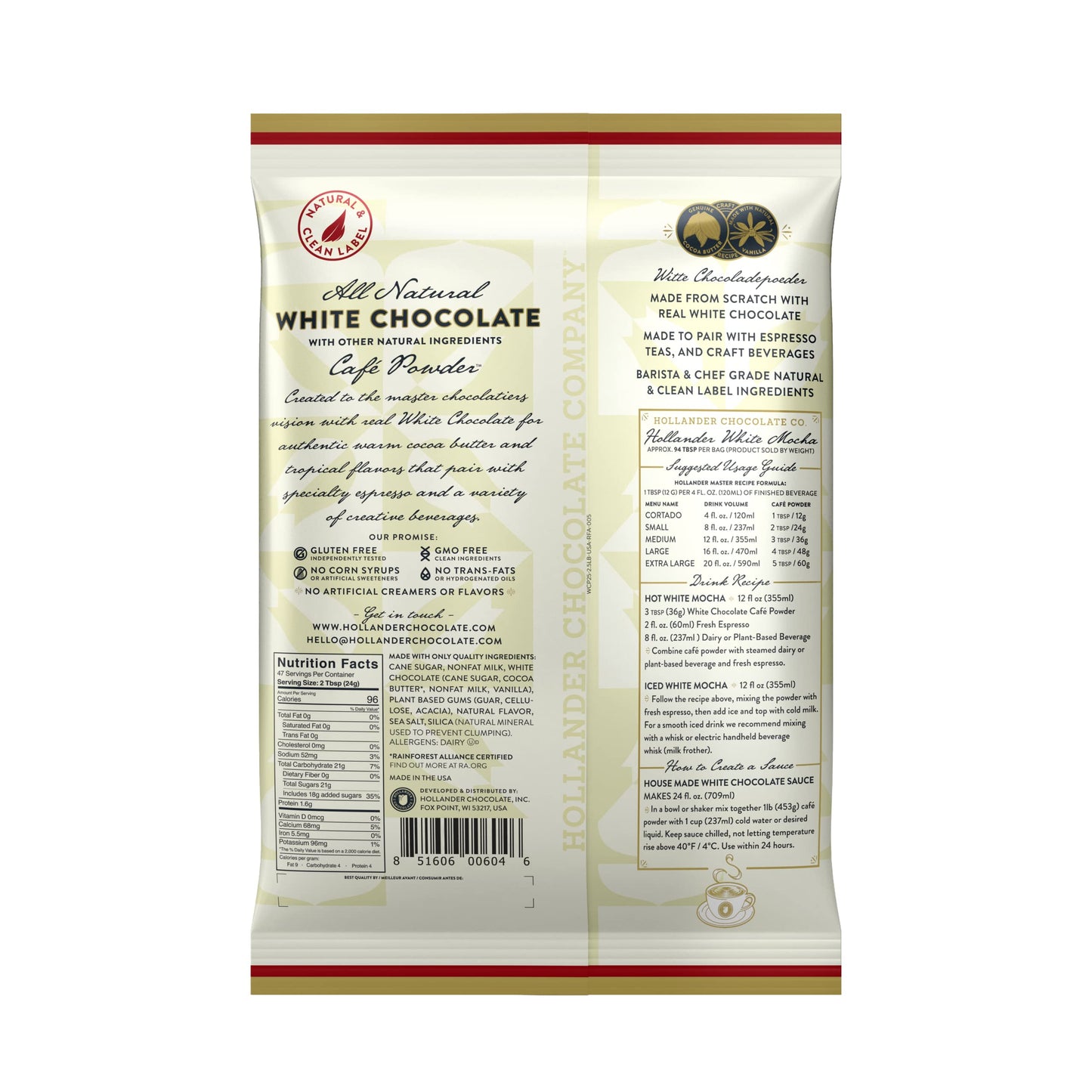 Hollander All Natural White Chocolate Powder | 2.5lb Bag | Sweet & Creamy Real White Chocolate |Beverage, Specialty Coffee Drinks, Baking & Desserts | Clean Label & Gourmet Ingredients | GMO Free, Rainforest Alliance Certified, Clean Label