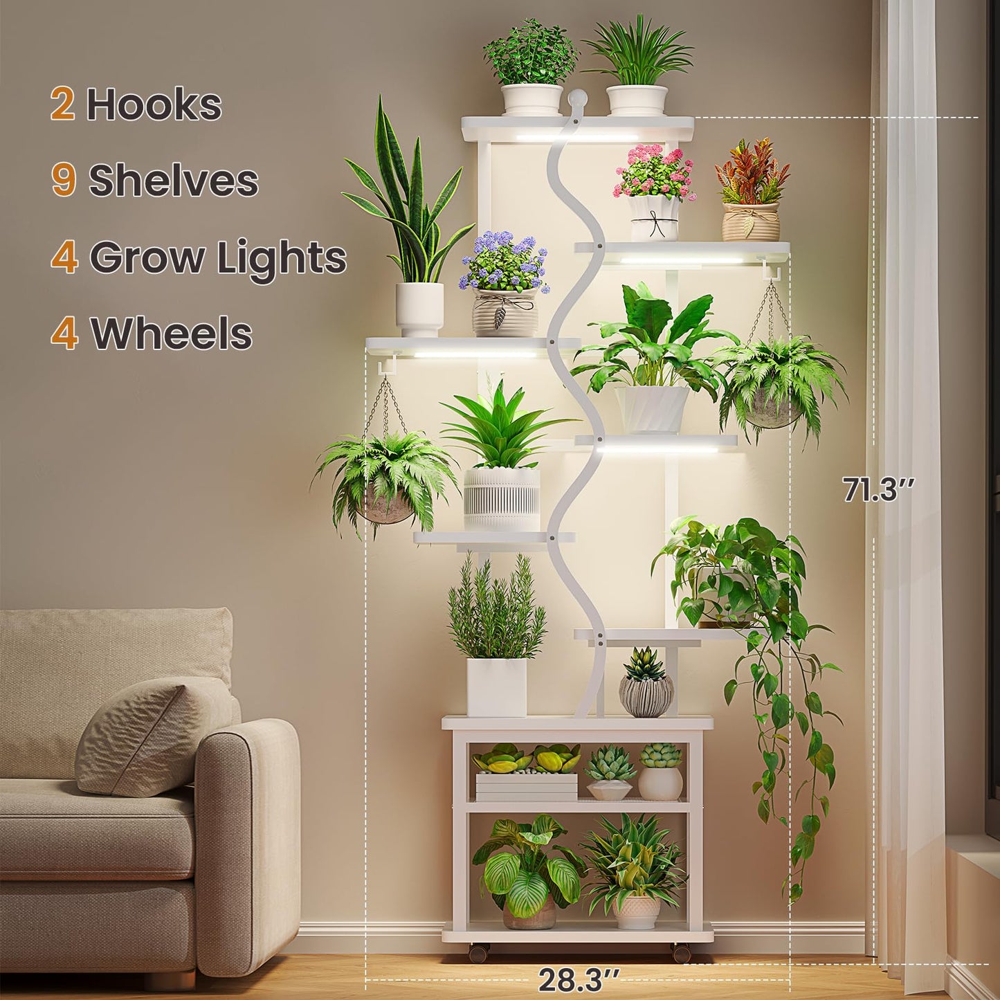 Itaar Plant Stand Indoor with Grow Lights, 9 Tiered Plant Shelf Indoor, 71" Tall Plant Stands with Wheels, S-Shaped Metal Plant Stand Display for Living Room, Patio(White)