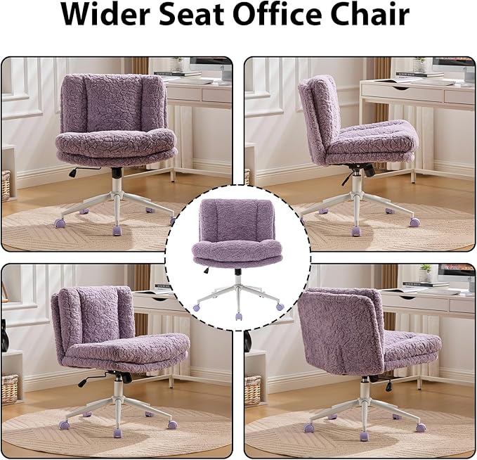 Cross Legged Office Chair with Wheels, Comfy Armless Office Chair with Extra-Deep Seat & 2-Layer Cushions, Adjustable Height, Tilt-Back Swivel Faux Fur Vanity Chair for Home Office, Violet