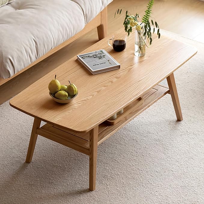 QKFF Modern Solid Wood Coffee Table, 2-Tier Small Wooden Coffee Table with Storage Shelf for Living Room, Apartment, Office, Natural (32''D x 20''W x 18''H)