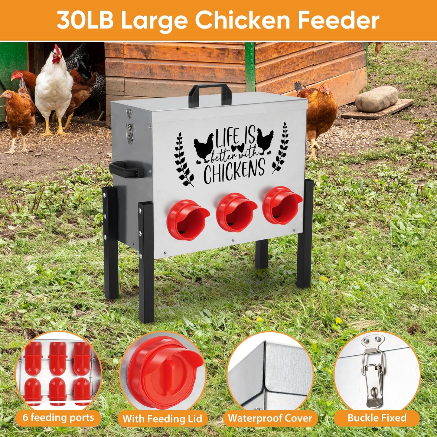 Tgeyd Chicken Feeder Box 30 lbs Galvanized Metal, 6 Feeding Ports, Comes with Metal Feeder Box Stands for Chickens, Ducks, Geese