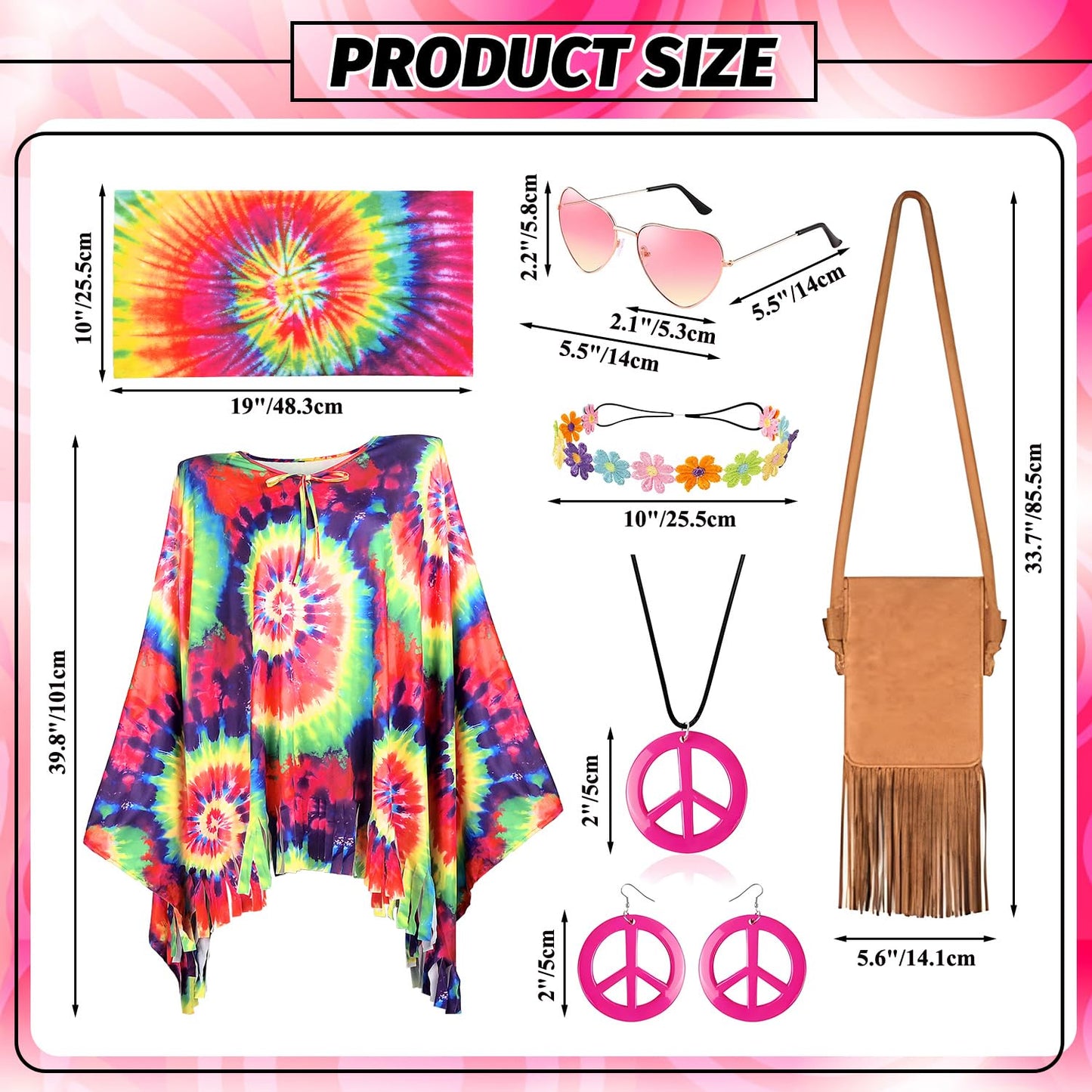 MOVINPE 70s Hippie Costume for Women Accessories Set, Tie Dye Poncho Fringe Bags Flower Crowns Headbands Sunglasses Peace Sign Necklace Earrings 60s Costume Halloween Retro Outfit