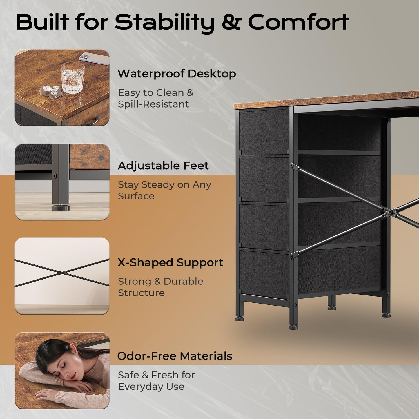 Huuger 55 Inch L Shaped Desk with Fabric Drawers, Reversible Computer Gaming Desk with Power Outlets and USB-C Port, Adjustable Side Storage Shelves, for Work Corner Home Office, Rustic Brown