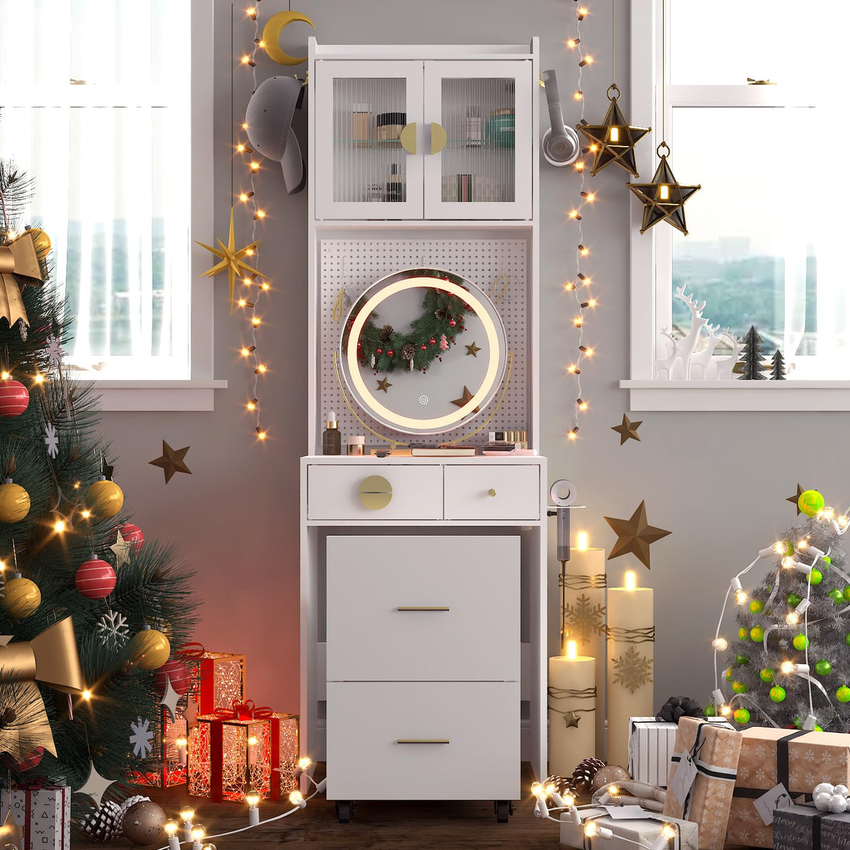 Karl home Small Makeup Vanity Desk with Mirror and Lights, Makeup Table with Charging Station & DIY Pegboards for Small Space, Compact Mini Vanity Set with Hidden Storage Stool for Bedroom, White