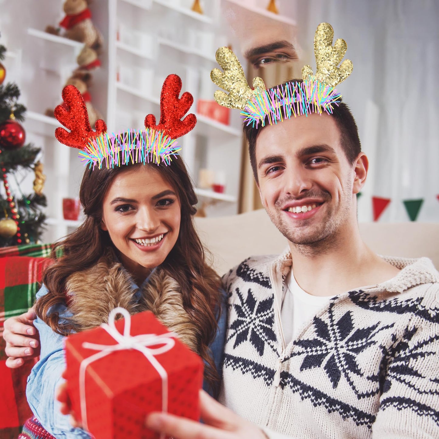 Riceshoot 30 Pcs Christmas Reindeer Antlers Headband Bulk Deer Antlers Headbands with Ears Deer Costume for Women Christmas Party Favors Halloween Supplies