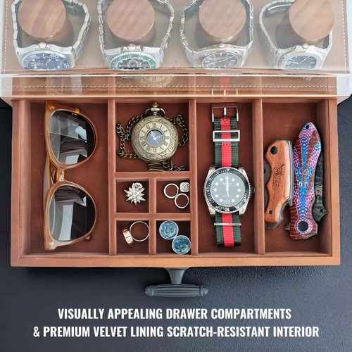 SeLuM Cologne Watch Organizer Walnut Brown โ Wooden Perfume Display Stand with Jewelry Storage Drawer, Velvet Lining, Hidden Compartment โ Large Cologne Holder โ Gift Box Included