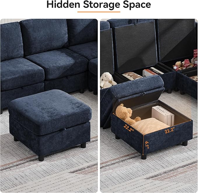 104'' V Shaped Modular Sofa, Sectional Couch with Storage for Living Room, Modern 7 Seater Cloud Sectional Couch with Movable Ottoman, Chenille Navy