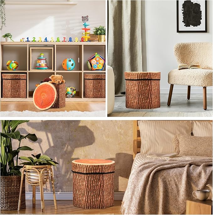 Amylove 3 Pack Tree Stump Storage Stool 12 x 12 Inch Stool Ottoman, Cute Folding Storage Toy Box with Foam Cushion, Collapsible Seat Chest (Classic)