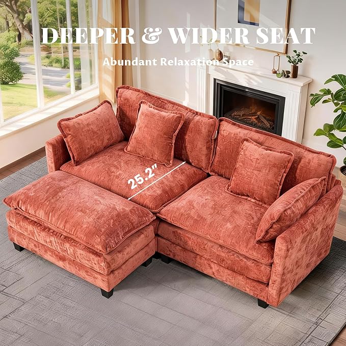 SoarFlash Chenille 77.95" Sectional Sofa, Comfy L Shaped Modular Coush Sofa with Ottoman, Modern 2 Seat Couch Deep Seat Sofa Set for Living Room,Orange