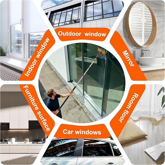 36FT Reach Window Squeegee with Extension Pole, 2-in-1 Professional Window Washing Kit for Home, Indoor Outdoor Squeegee with Rotatable Head for High Windows