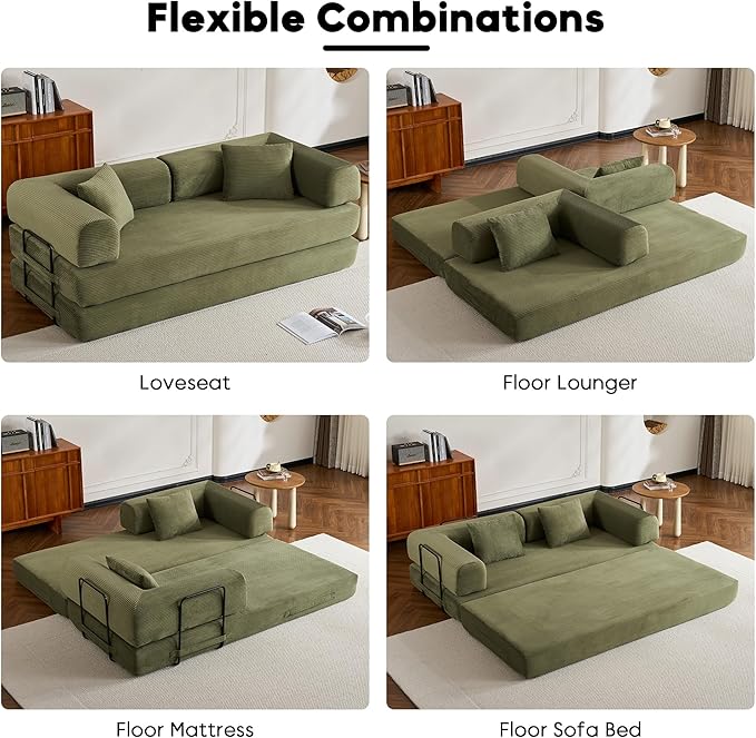 ZEIINPA Convertible Folding Couch Bed, Comfy Corduroy Sleeper Floor Sofa Bed with Fixed-Shape Frame, Floor Sofa with Armrest, Lounge Couch for Living Room Bedroom Lounge Studio, Green