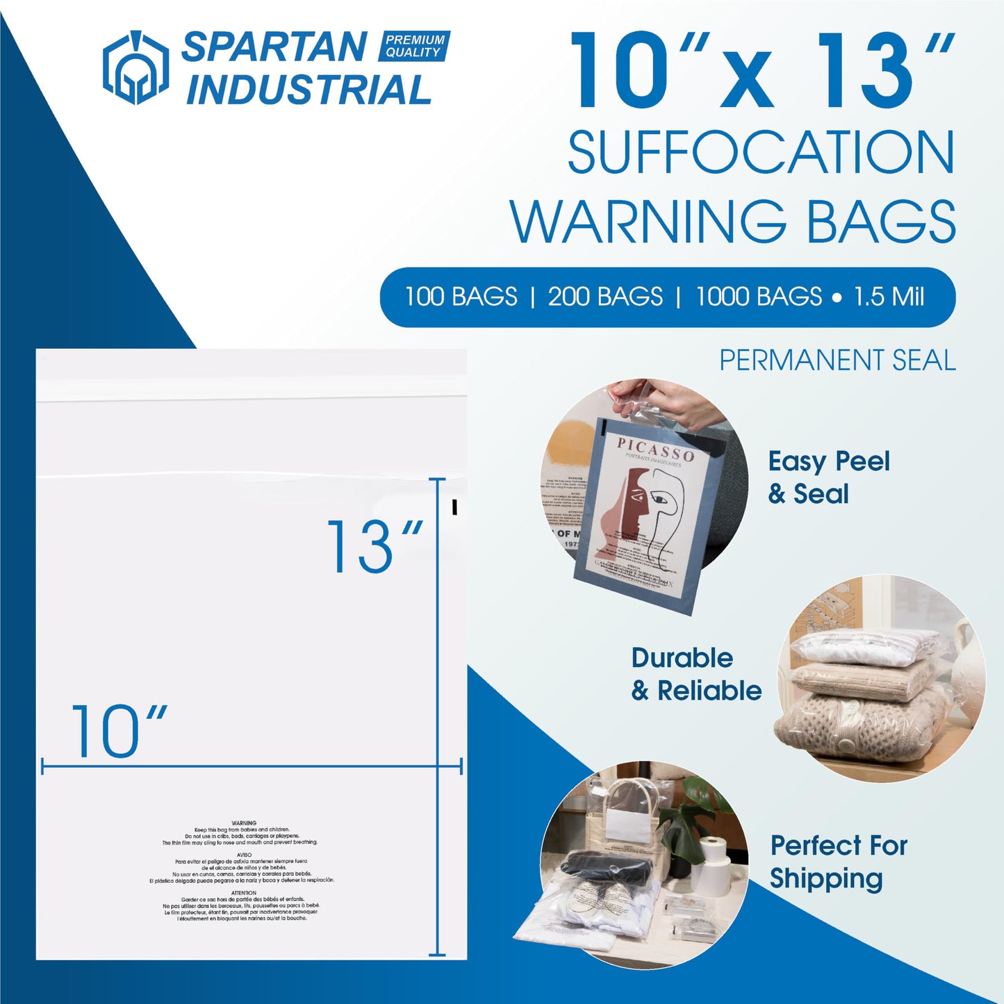 Spartan Industrial - 10” X 13” (200 Count) Self Seal Clear Poly Bags with Suffocation Warning for Packaging, T Shirts - Permanent Adhesive