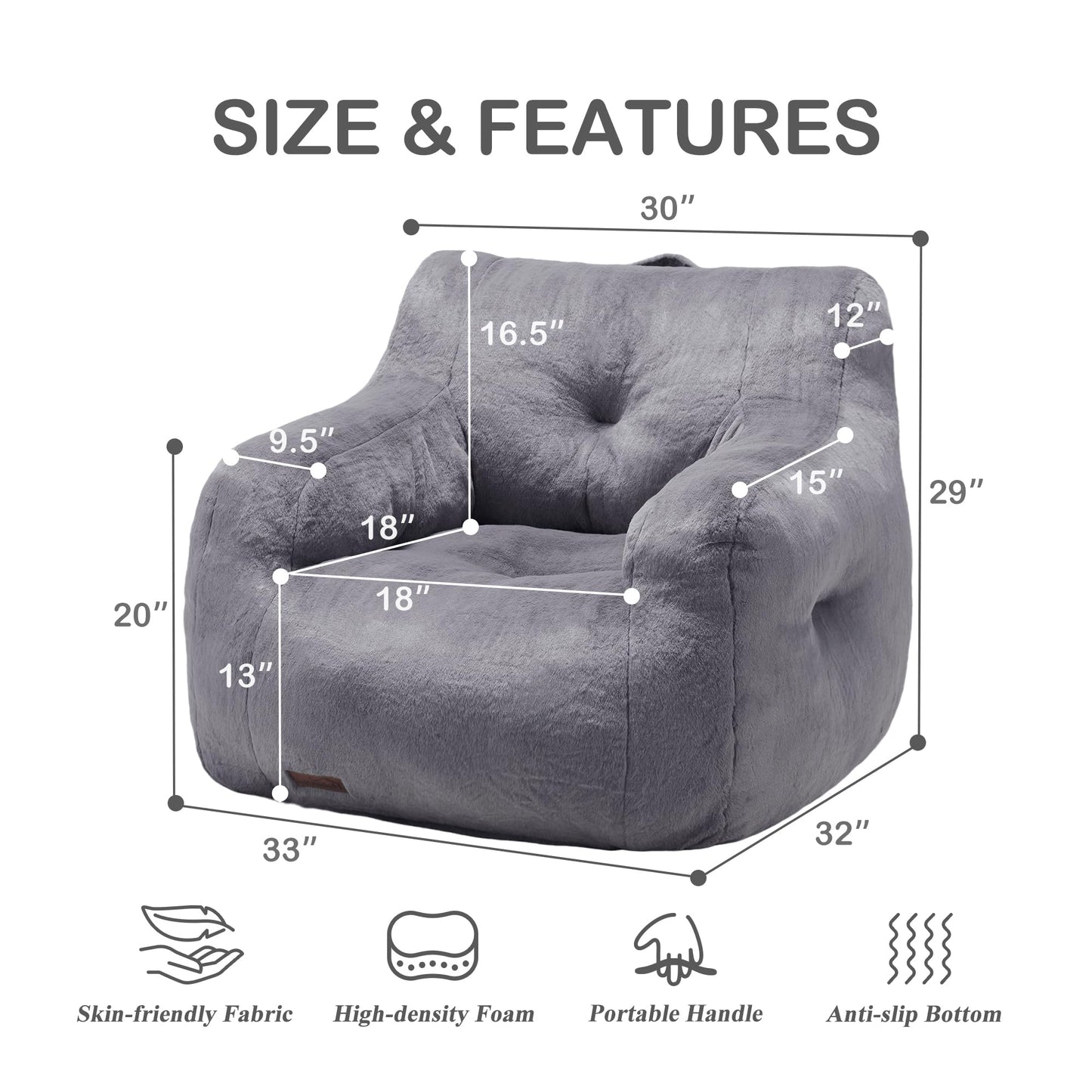 Hobestluk Bean Bag Chair for Adult Small Bean Bag Chairs with Arms Furry Beanbag Chair with Foam Filler Stuffed Bean Bag Sofa for Reading in Bedroom Living Room and Dorms(Grey)