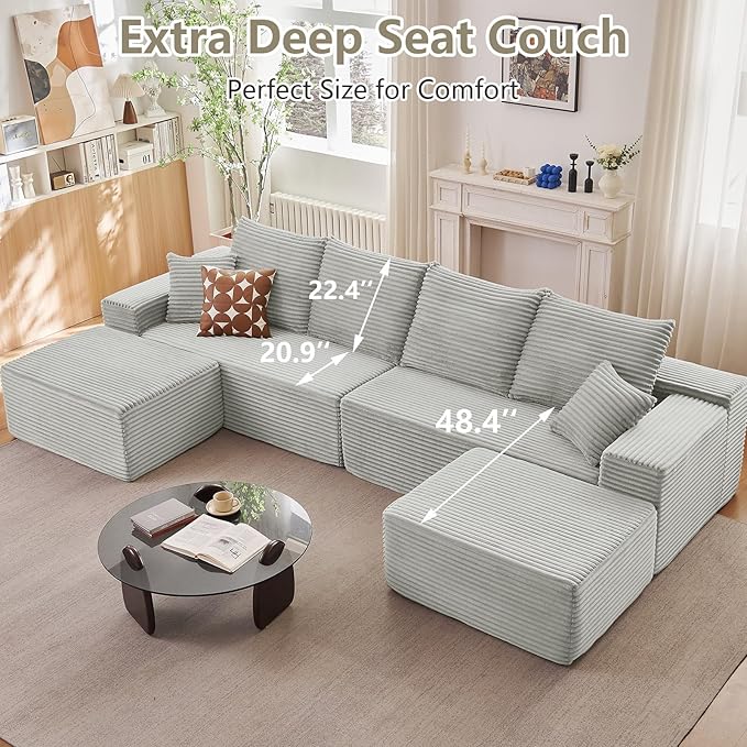 140" Sectional Cloud Couch for Living Room, Modular Floor Deep-Seat Sofa, Big Comfy Corduroy Couches Set with Fluffy Memory Foam, Stupendous U Shaped Sofas, No Assembly Required, Grey