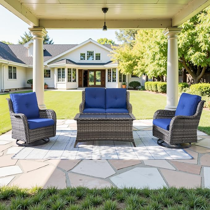 Belord Outdoor Patio Furniture Set - 7 Piece Gray Wicker Conversation Patio Furniture Set All Weather Swivel Chairs with Ottoman and Loveseat Glider Chair for Deck Balcony Backyard