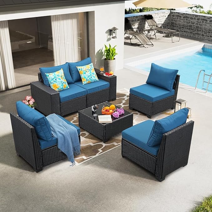 SunloungeCo Patio Furniture Set, 6 Pieces Outdoor Couch Sofa with Wider Armrests & Glass Coffee Table, Outdoor Sectional Furniture with Thick Cushions for Party, Poolside,Garden-Peacock