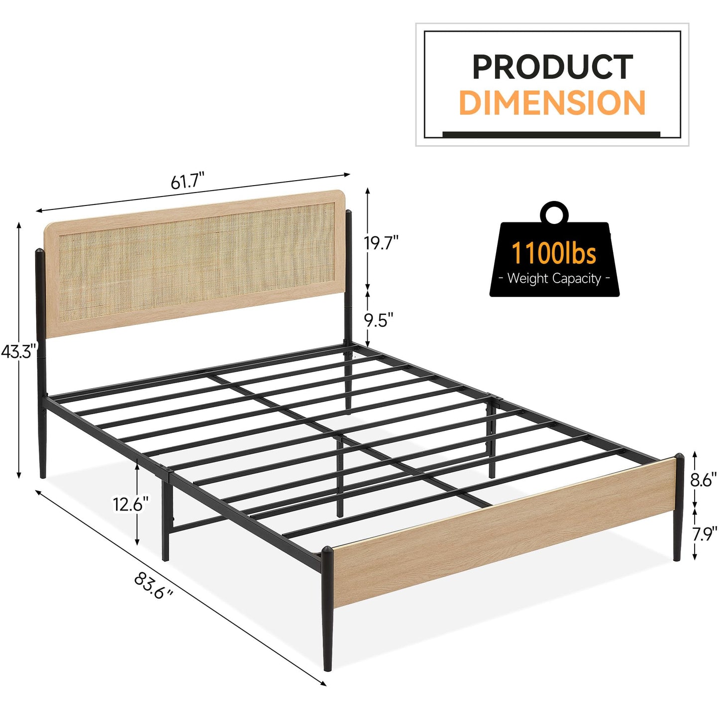 GarveeHome Full Size Boho Bed Frame with Natural Rattan Headboard & Solid Wood Footboard - Under Bed Storage Space, Quiet Noise-Free Design, No Box Spring Needed,Oak