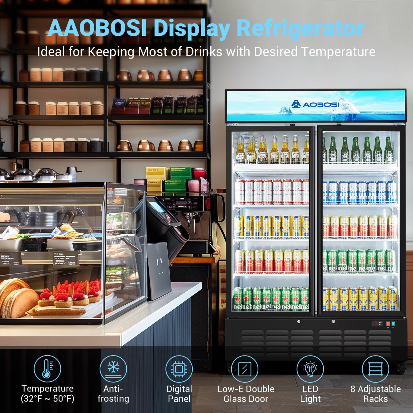 AAOBOSI 50" Wide Commercial Merchandiser Refrigerator,36.8 Cu.Ft Glass Door Display Refrigerator,Upright Beverage Fridge with Soft LED Light,Customizable Lightbox,Universal Casters, Adjustable Shelves