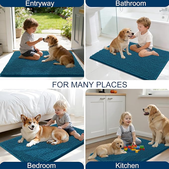 OLANLY Dog Door Mat for Muddy Paws 24x16, Ultra Absorbent Chenille Mud Doormat, Non-Slip Washable and Dirt Trapping Doormat for Indoor Entryway, Quick-Dry Indoor Pet Bed Mats for Dogs, Atlantic Blue