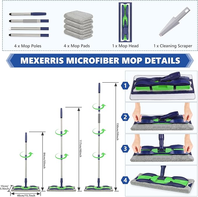 Microfiber Mops for Hardwood Floor Cleaning: MEXERRIS Flat Floor Mop with 4 Washable Pads - 59" Adjustable Handle Dust Dry Mop for Laminate Tile Laminate Wood Vinyl - Home Commercial Cleaning Tools