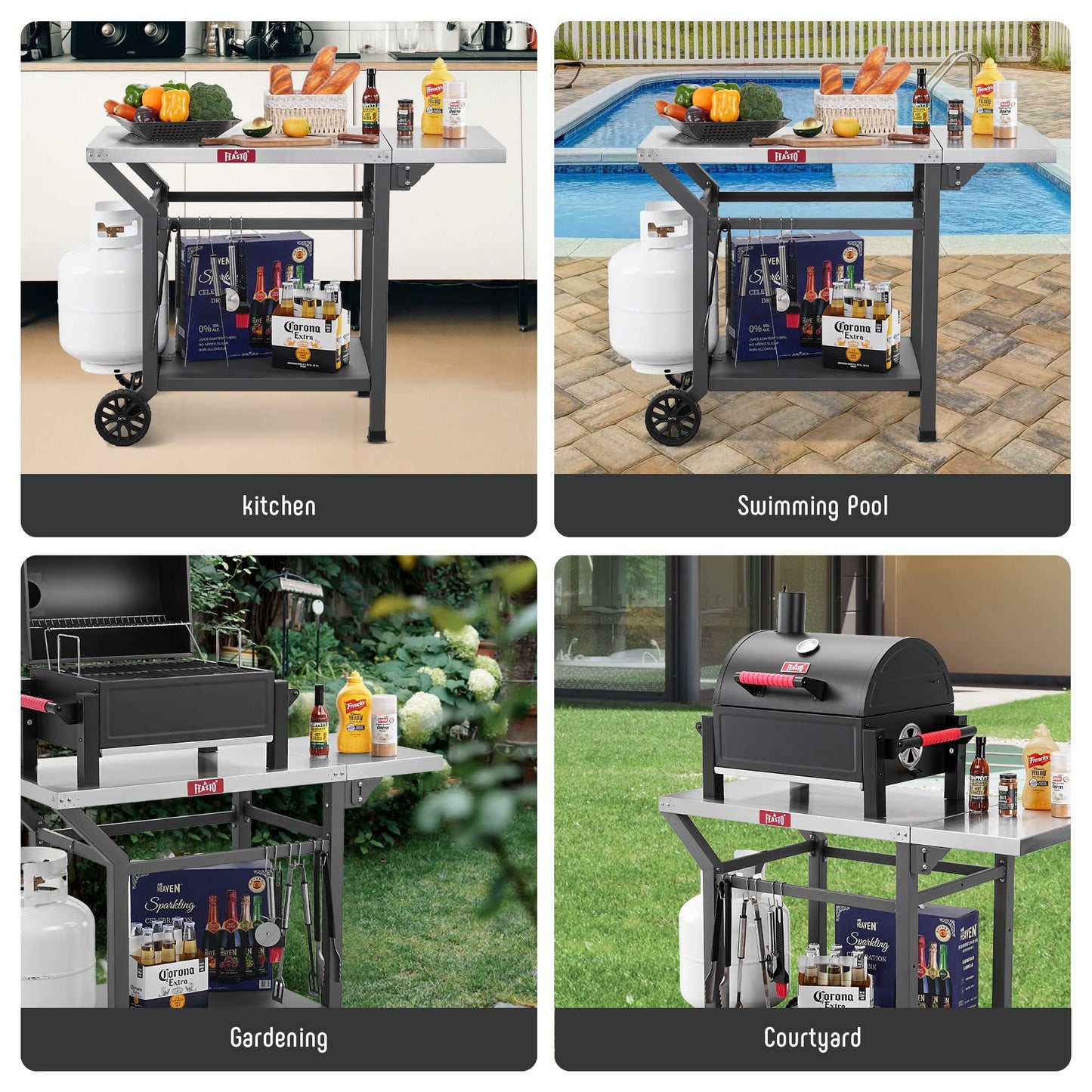 Feasto Movable Grill Table with Folding Side Table, Pizza Oven Table as BBQ Food Prep Cart with Undershelf for Outdoor & Indoor Use, 43" L x 20" W Stainless Steel Tabletop, Grey