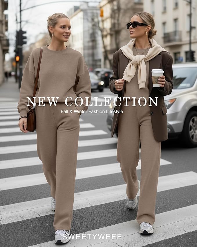 Sweetyweee Women's 2 Piece Outfits Set Fleece Lined Lounge Sweatsuit Crewneck Pullover Top Wide Leg Pants Casual Tracksuit