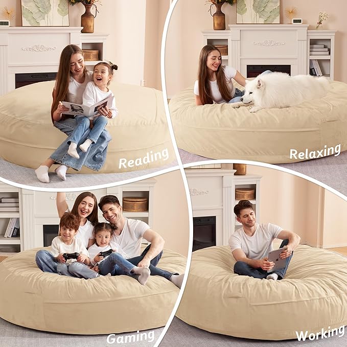 HABUTWAY XX-Large Bean Bag Chair: Giant 7' Memory Foam Furniture Bean Bag Chairs for Adults with Microfiber Cover 7Ft (Khaki)