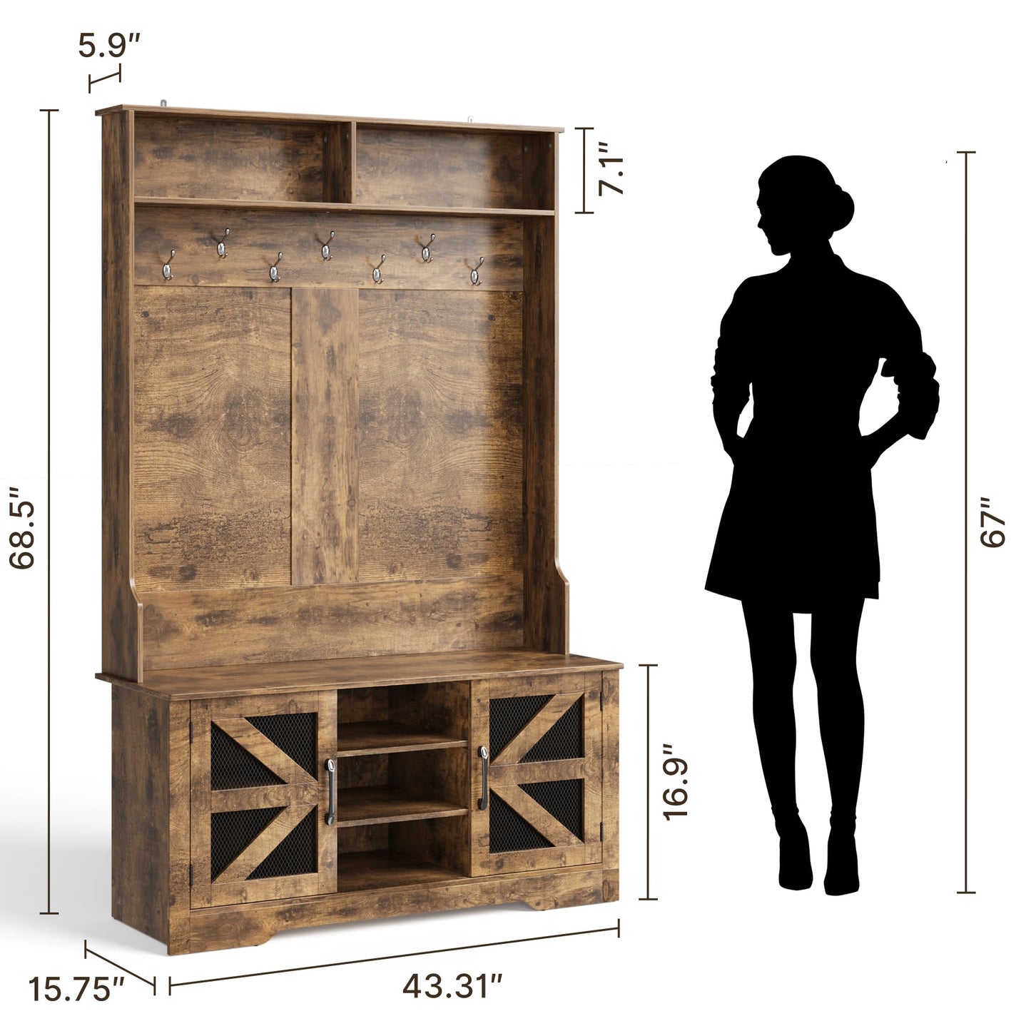 Gizoon Hall Tree with Storage Bench, 5-in-1 Entryway Bench with Coat Rack, Shoe Cubbies, Coat Hooks and Barn Door, Shelf for Foyer, Mudroom,Retro