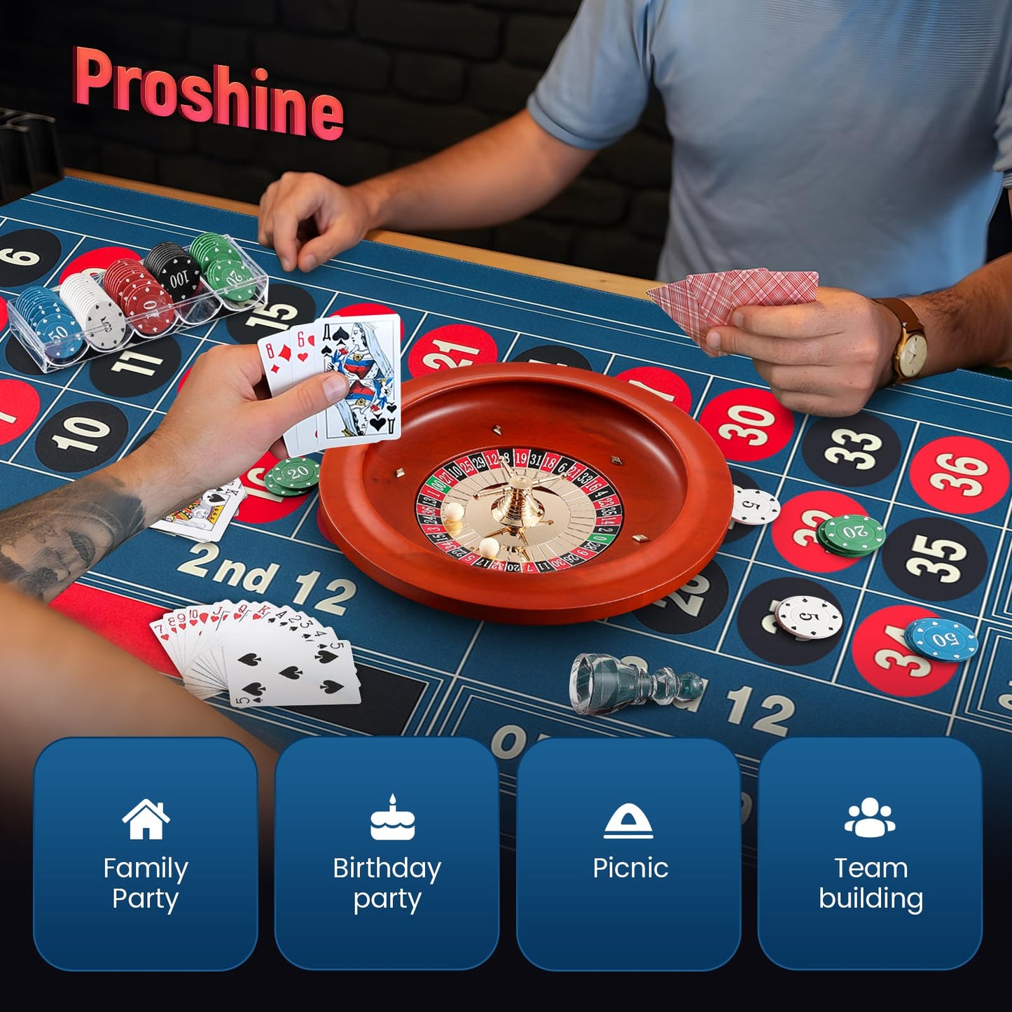 Roulette Wheel Set: 11” Roulette Wheel 47.2 * 23.6” Roulette Table Layout Felt Mat 100pcs ABS Poker Chips Roulette Win Marker 2 Decks of Playing Cards Casino Game Sets