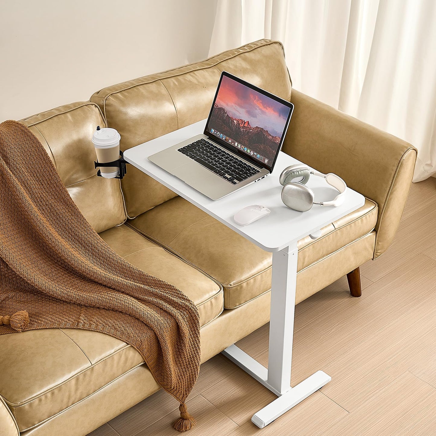 VEVOR Overbed Table, Over Bed Table with Wheels Adjustable Height, Mobile Hospital Bed Table, Rolling Laptop Desk with Fixed Top & Cup Holder, Portable Over Bed Desk for Home, Office, Study, White
