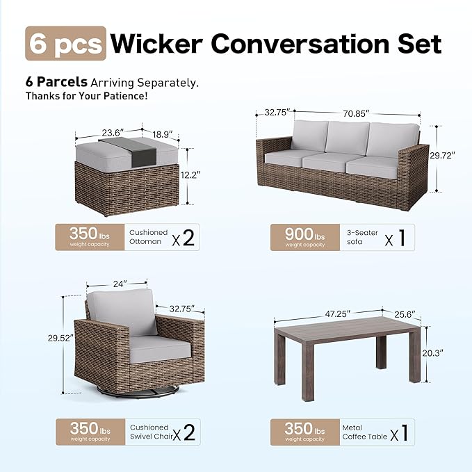 SUNSHINE VALLEY Swivel Glider 6 Piece Outdoor Furniture Set with Swivel Chairs, Wicker Patio Furniture with 4.92" Wide Armrest, 26.3" Deep Seating and 5.5" Thick Cushions, Grey