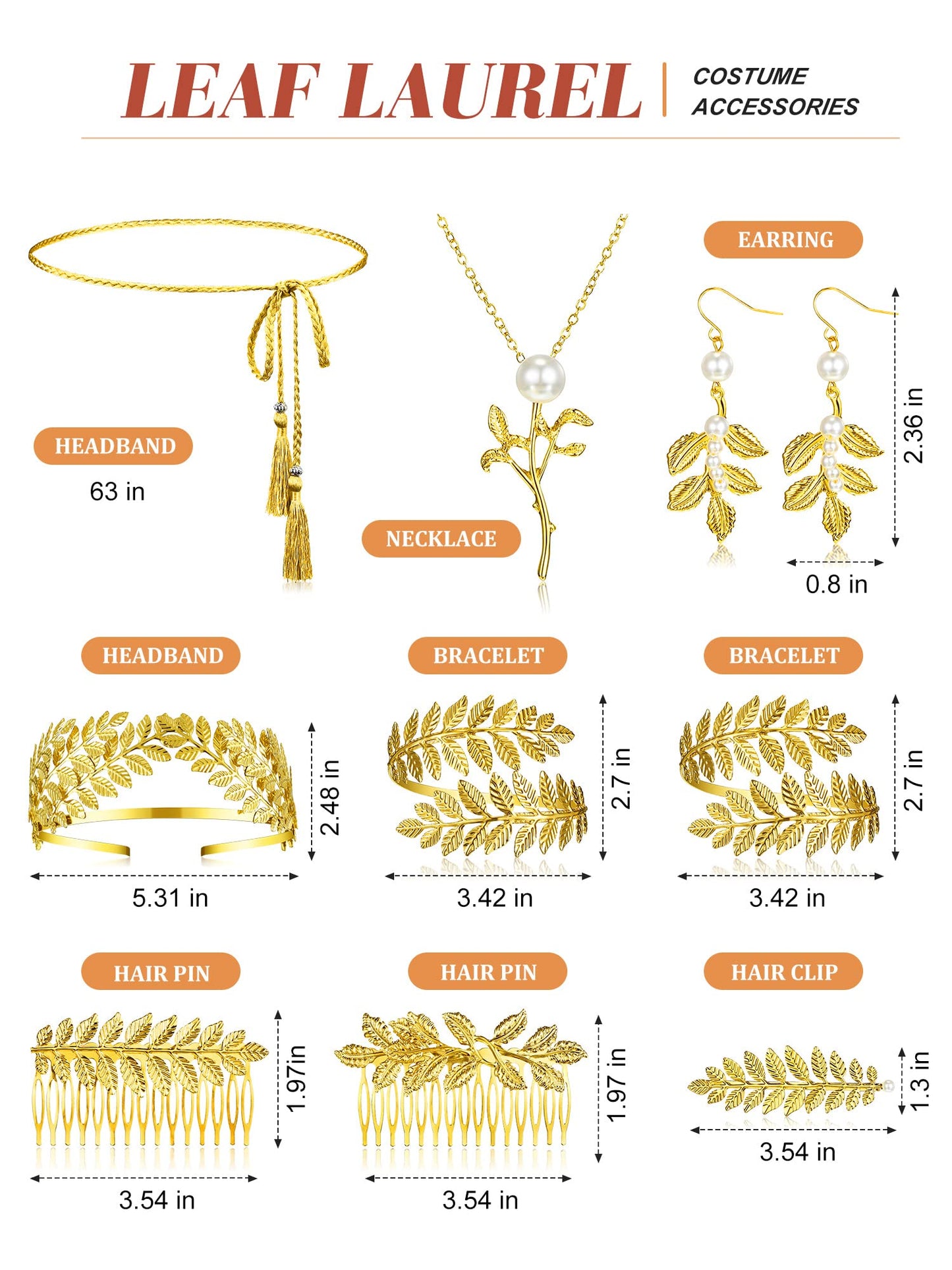 Xinnun 9 Pcs Greek Goddess Costume Accessories Toga Belt Leaves Crown Bracelet Headpiece Earrings Necklace for Women Bridal(Classic)