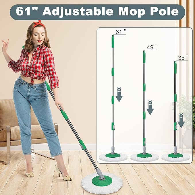 Dual Compartment Spin Mop and Bucket, Mop and Bucket with Wringer Set,360°Rotating Spinning Mopping for Floor Cleaning with 3 Microfiber Replacement Heads, 61" Extended Handle, 2X Wheel - Deep Green
