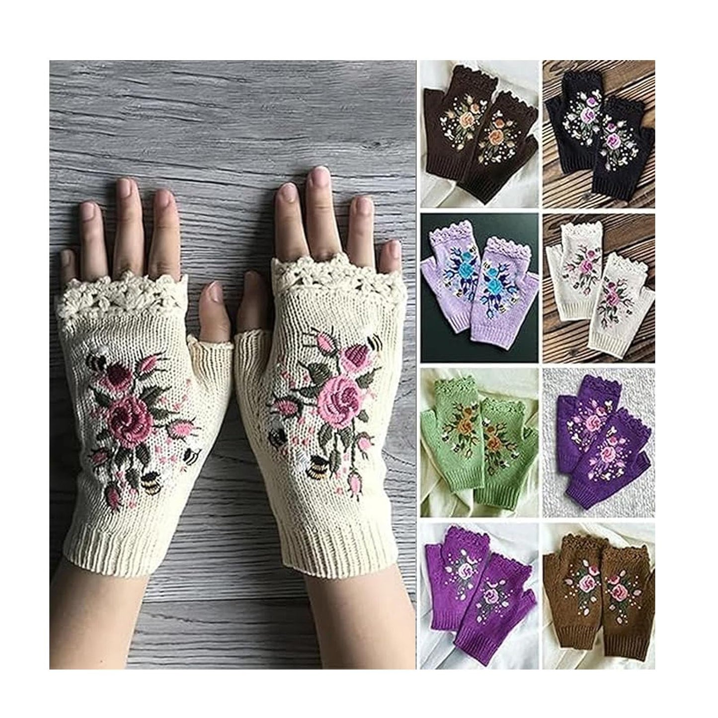 Firtideti Women's Hand Embroidered Knitted Flower Fingerless Gloves, White, One Size