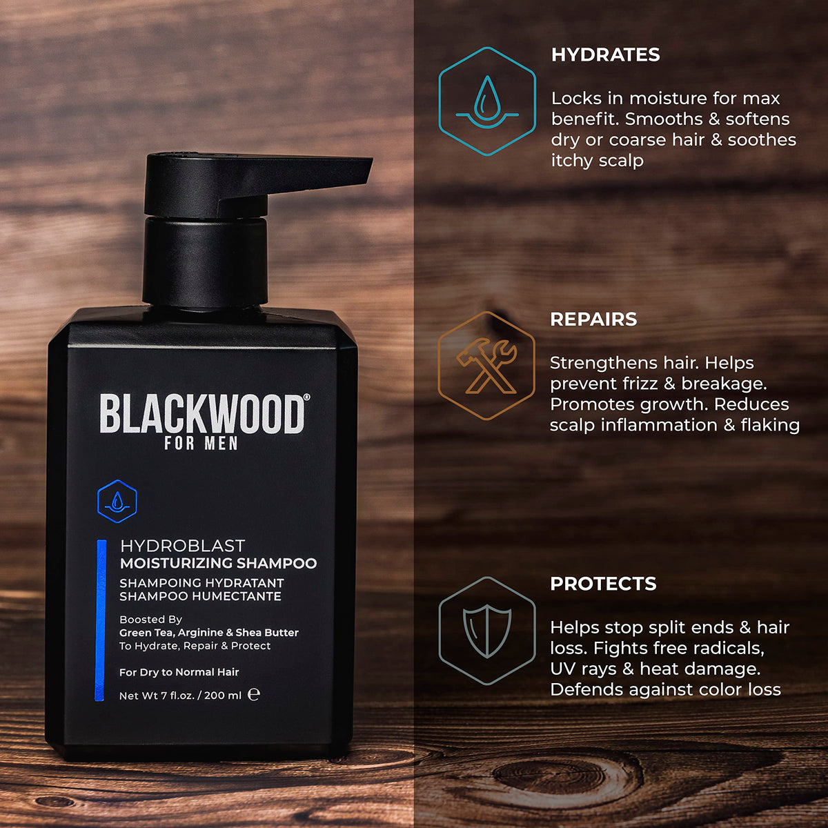 Blackwood For Men Hydroblast Moisturizing Shampoo - Men's Shampoo for Coarse, Dry, & Curly Hair-Infused with Ginseng & Ginger -