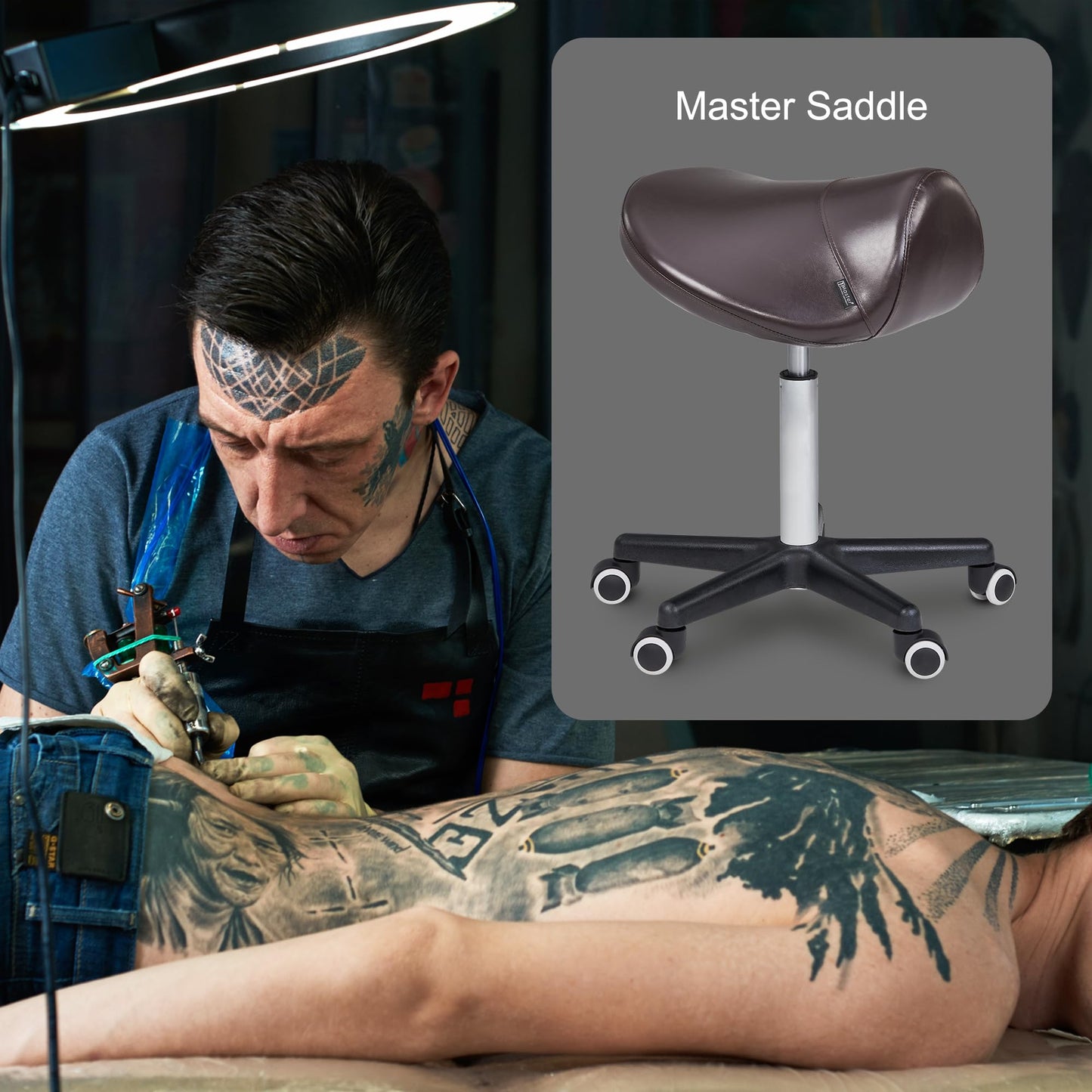 Master Massage Adjustable Hydraulic Saddle Rolling Stool – Ergonomic Salon, Tattoo, Spa, Medical & Dental Chair, Coffee
