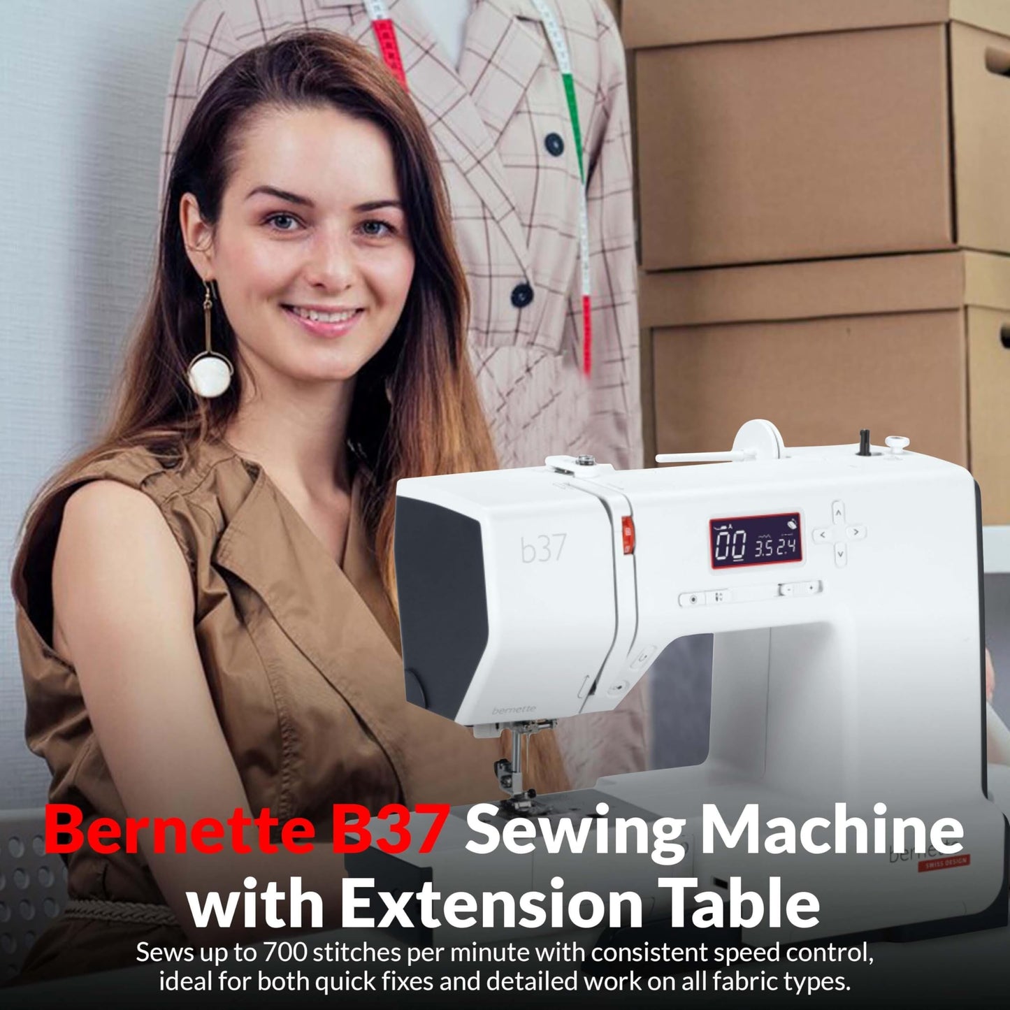 Bernette B37 Computerized Sewing Machine with 50 Stitches, LCD Display, 7mm Stitch Width Includes TopStitch Carrying Tote Bag